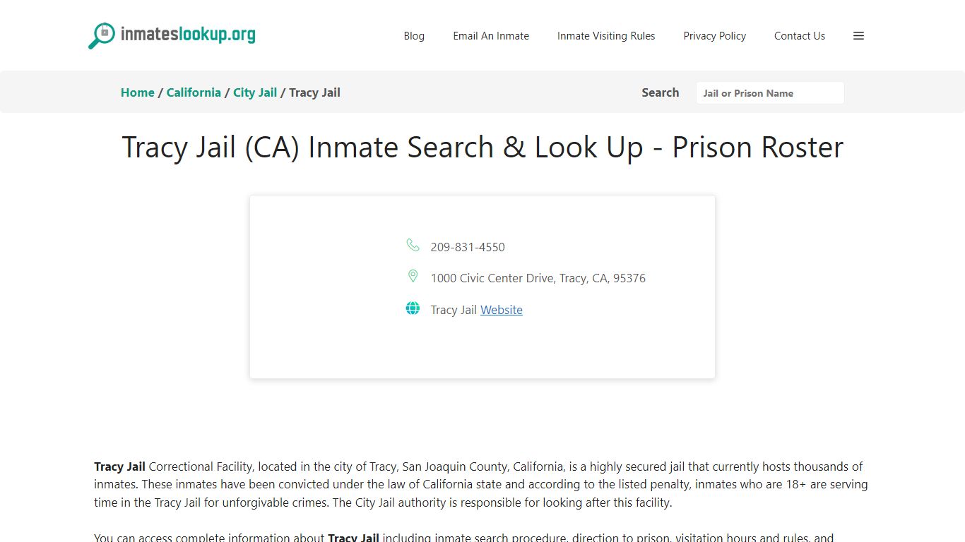 Tracy Jail (CA) Inmate Search & Look Up - Prison Roster